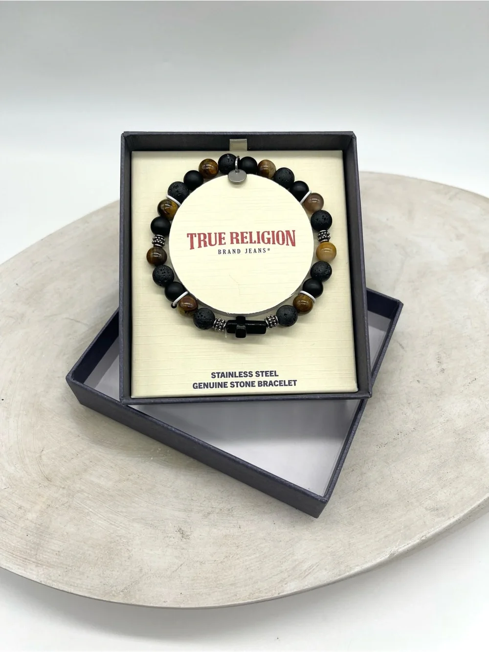 True Religion Men's Stone Cross Bracelet Stainless Steel Tiger Eye Onyx Box
